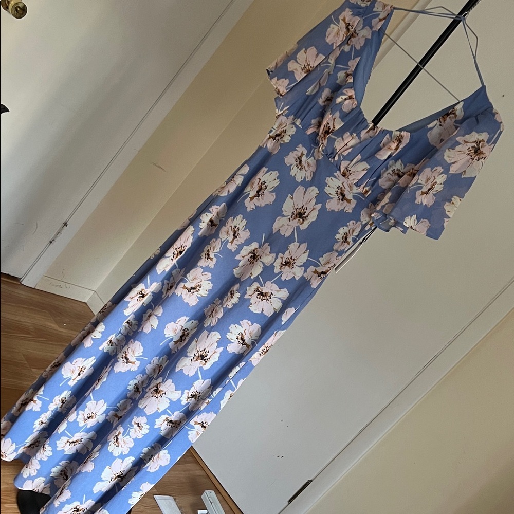 Astr Blue Floral Midi Dress with Pink and Cream Flowers